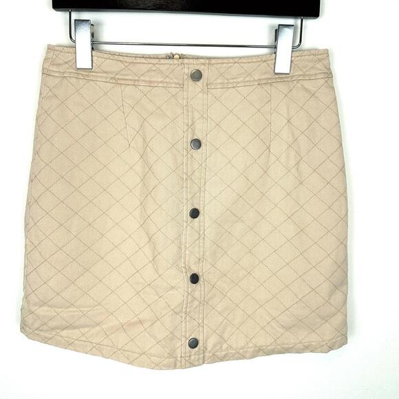 Anthropologie Fate Neutral Tan Lined + Quilted Mini Skirt Button Front SIZE M - Picture 1 of 6